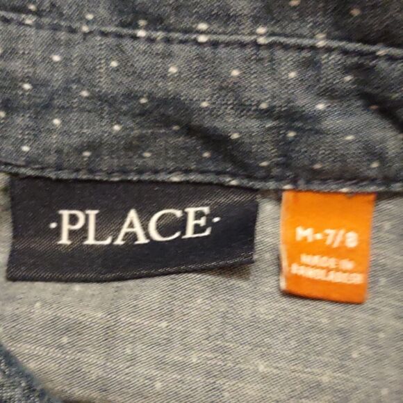 Place, Boys Size 7/8, blue dotted print denim look button long sleeve shirt - Picture 3 of 3